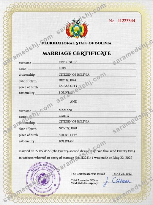 Bolivia marriage certificate